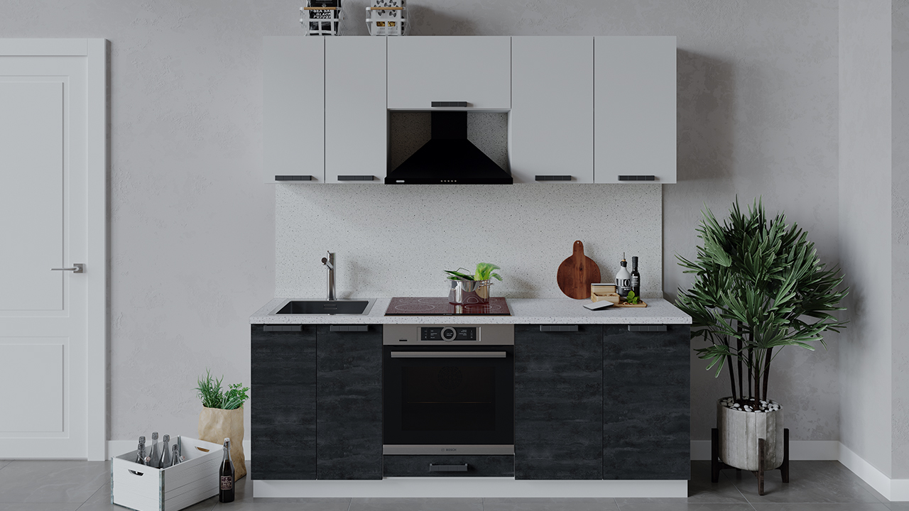 Н-р мебели д/кухни Детройт ГН200_2 200см Белый глянец/Угольный камень+ столешница Дуб вотан