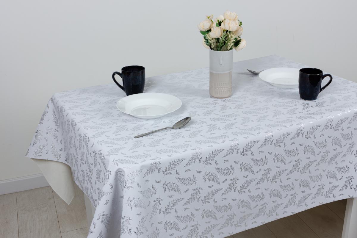 Клеенка PU Shine 140 см 490-7 Папоротник серебро на белом