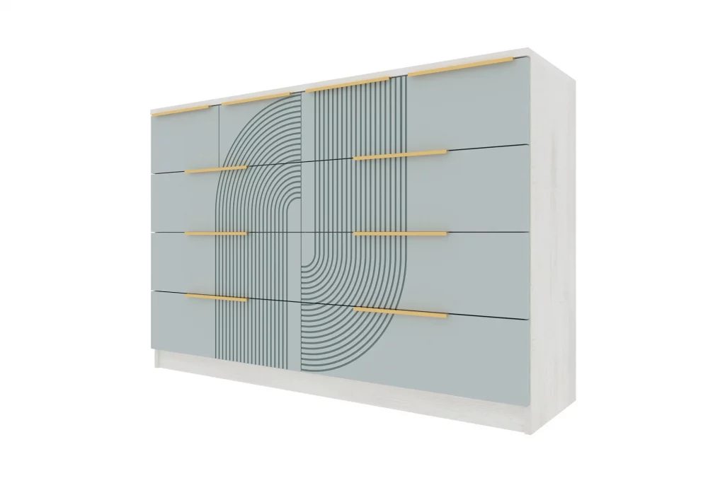 Комод Орион 10 ящ 934*1400*440, Дуб Харбор белый/Шарли бриз МАТ 151/Зол. мет./Галактика